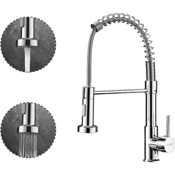 Robinet Cuisine avec Douchette Pivotant à 360° Stanew Robinet Cuisine à Ressort 2 Modes de Pulvérisation. (Argent, Small)