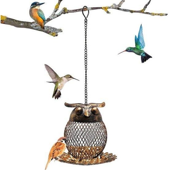 Station dalimentation pour oiseaux Ibenzoa® au design hibou, en métal résistant aux intempéries, finition bronze antique, avec crochet métallique, dimensions 15 x 15 x 15,5 cm, idéale pour le jardin et la terrasse
