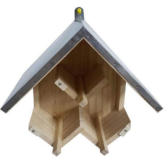 Station dalimentation pour oiseaux Unyqoos® en bois de pin, idéale pour les oiseaux de jardin, avec un toit en métal, des supports pour 3 pots de beurre de cacahuète, conçue pour être suspendue, dimensions : 24 x 16 x 16 cm