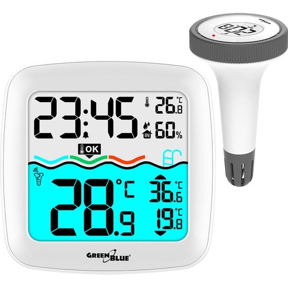 Station de température avec thermomètre de piscine Thermomètre de piscine numérique sans fil Thermomètre flottant Piscine SPA Fonction horloge radio DCF