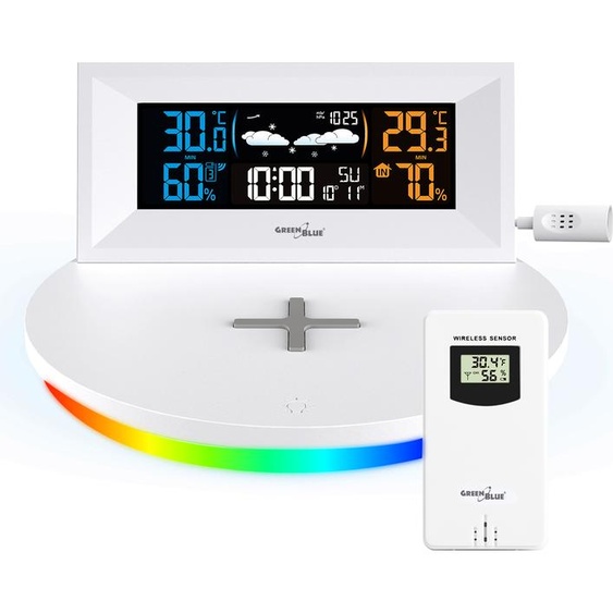Station météo avec chargeur QI et éclairage Écran couleur LCD Intérieur Extérieur Température Réveil Fonction snooze USB GB213 GreenBlue