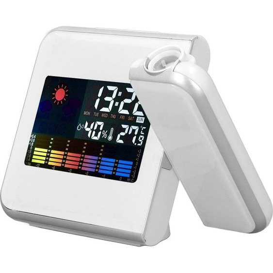 Station météo, horloge, température, humidité, écran LCD couleur, rétroéclairage LED, fonction snooze, alarme avec projection, blanc, sans câble