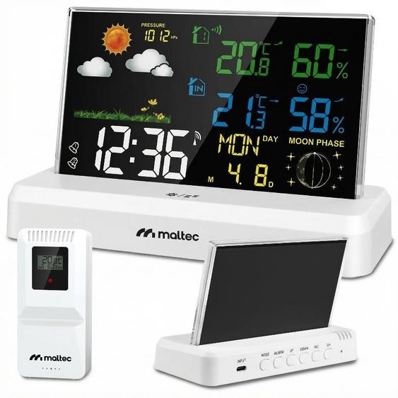 Station météo MalTec avec capteur extérieur sans fil, capteur météo baromètre, capteur météo hydromètre, blanc, fonctionnant sur piles