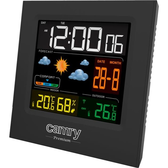 Station météo numérique avec capteur extérieur, pour lintérieur et lextérieur, thermomètre - hygromètre, écran couleur, prévisions météo, pour la pièce, le bureau, horloge, 2 réveils, noir