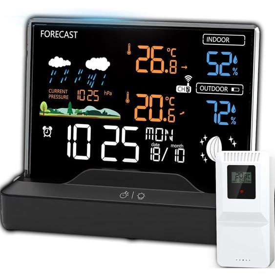 Station météo sans fil avec capteur extérieur et prévisions météo Intérieur et extérieur Thermomètre Humidité Portée 80m Écran LCD Noir Retoo