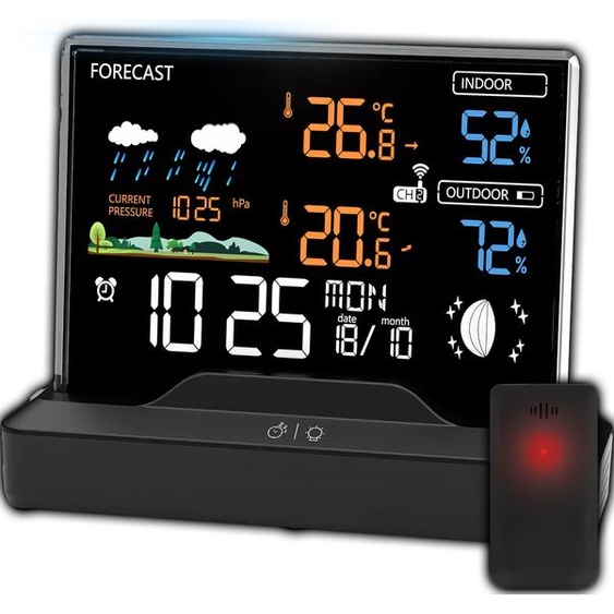 Station météo sans fil avec réveil et écran couleur, capteur extérieur détecteur de moisissures hygromètre baromètre indicateur de date phase de lune alarme de gel noir Retoo