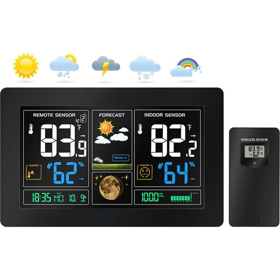 Station météo sans fil Echos avec écran LCD couleur | Prévisions météorologiques | Capteur extérieur avec écran LCD | Affichage de lheure/de la date | Affichage de la température et de lhumidité intérieures et extérieures | Affichage des phases de la lune
