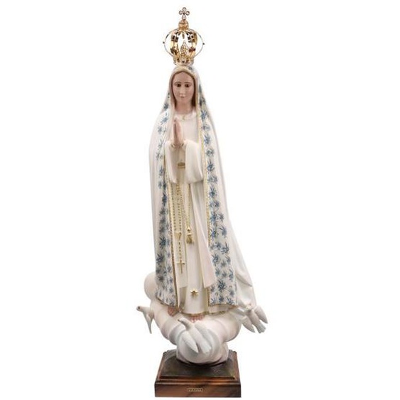 Statue - Notre Dame de Fatima - 70 cm - Résine colorée - Manteau fleuri - Décorations bleues et dorées