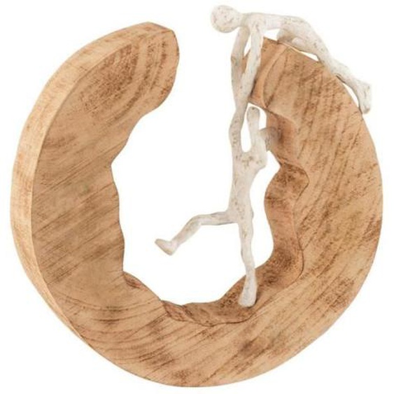 Statuette Déco Couple Escalade - J-LINE - Tijana - 28cm - Bois & Aluminium - Naturel & Blanc
