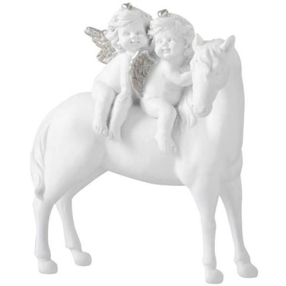 Statuette - J-LINE - Cheval & 2 Anges - 18cm - Résine - Blanc & Argent