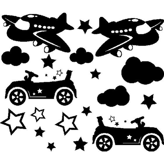 Sticker Etoiles, nuages, avions et voitures