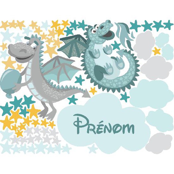 Sticker personnalisé prénom dinosaures turquoise et gris