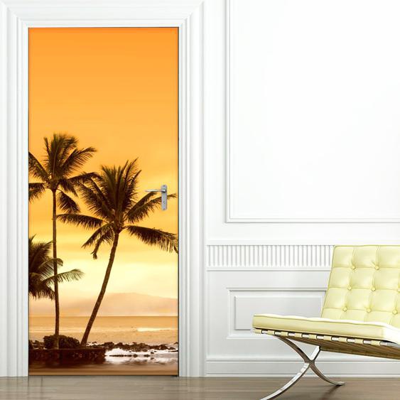 Sticker porte palmiers sur la plage et coucher de soleil