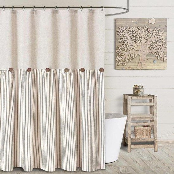 Store bateau en coton - Store décoratif pour salle de bains - Motif avec boutons en bois - Nuances de gris, 183 cm x 213 cm