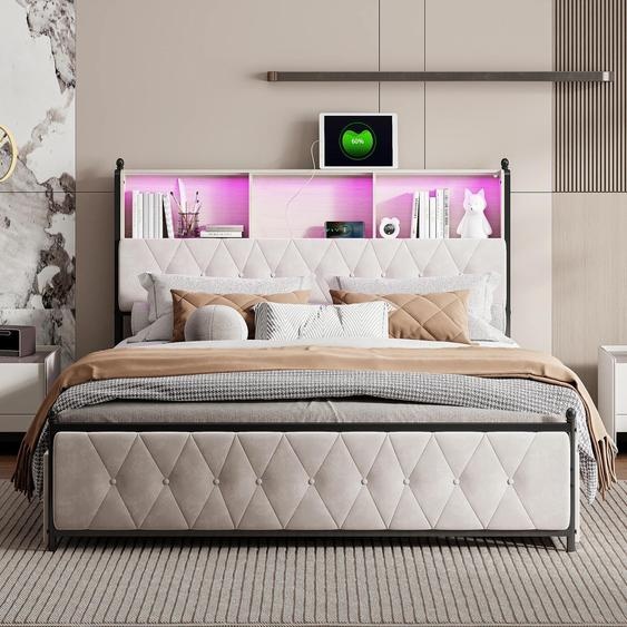 Structure de lit rembourrée - Lit double 180 × 200 cm - Tiroirs de rangement - Tête de lit avec espace de rangement - Structure en bois - Sans matelas - Design scandinave