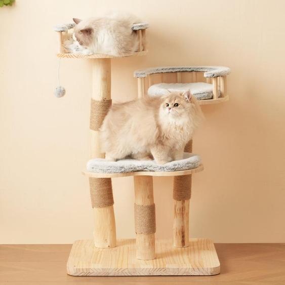 Structure descalade pour chats design en bois massif - hauteur 98 cm, tremplin à 3 niveaux, coussins et balles de jeu amovibles, imitation de nuages