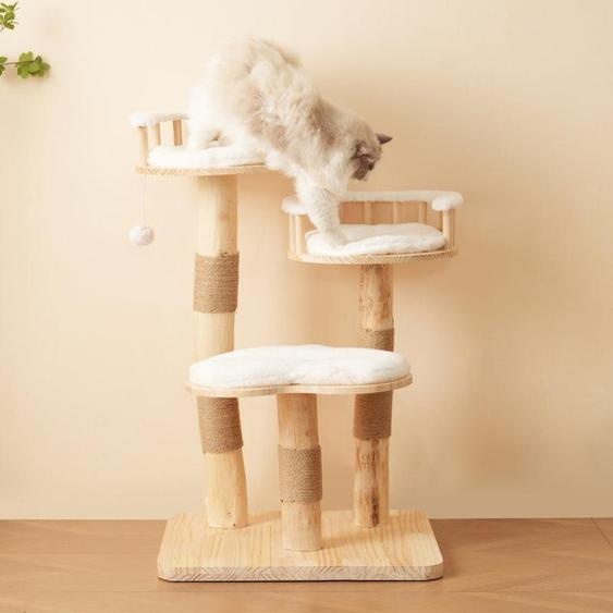 Structure descalade pour chats design en bois massif - hauteur 98 cm, tremplin à 3 niveaux, coussins et balles de jeu amovibles, imitation de nuages - naturel, écologique, utilisation durable, grimpette pour chats