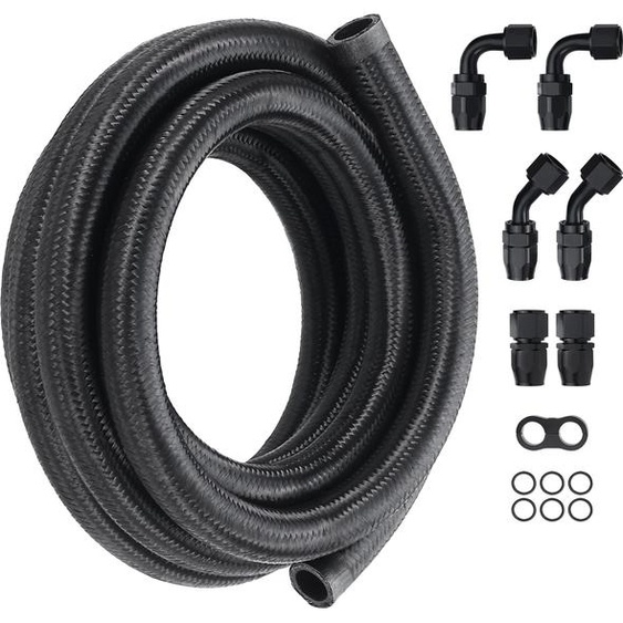 SucceBuy 10AN-Kraftleitungssatz, 10 pieds de tuyau de carburant en nylon avec tresse en acier inoxydable, embouts de tuyau huile/gaz/diesel de 0,55 pouce, kit dadaptateur pivotant de 7 pièces, noir
