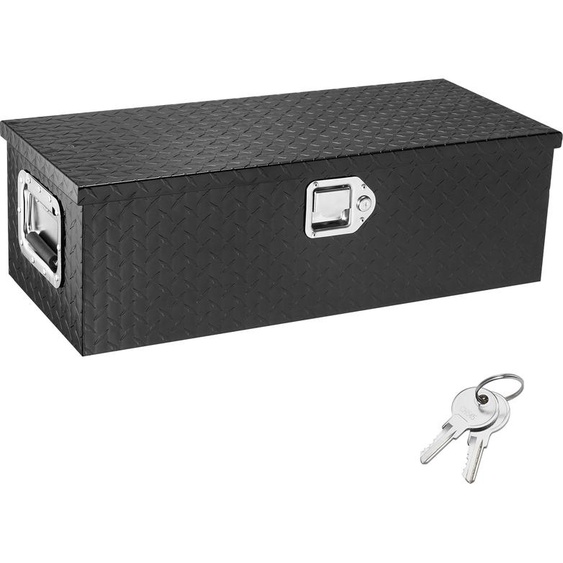 SucceBuy 30 x13 x9,6 Caisse à outils robuste en aluminium pour le plateau de chargement, caisse de rangement avec plaque en diamant et poignée latérale et clés de serrure pour pick-up, camping-car, remorque - Noir