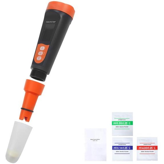 SucceBuy : appareil de mesure du pH avec fonctions multiples (pH, EC, TDS), sonde étanche IP68, kit de test portable avec poudre de calibration, écran LCD en acier inoxydable, appareil de mesure de la qualité de leau
