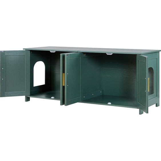 SucceBuy Armoire à chat, 1200x450x500 mm, bac à litière avec 4 portes en rotin & 2 entrées, armoire à litière pour lintérieur, maison de chat adaptée à différents bacs à litière, vert