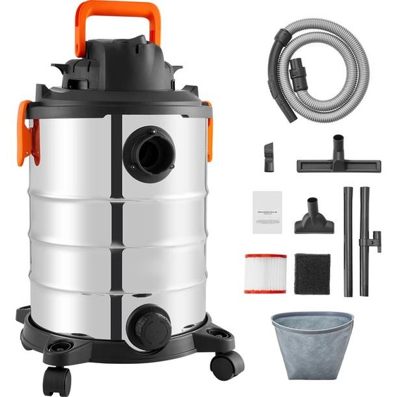 SucceBuy Aspirateur eau/poussière pour ateliers, 30 l, 6 CV, acier inoxydable, forte puissance daspiration et de soufflerie, portable avec embouts, idéal pour les tapis et la saleté, argent + noir