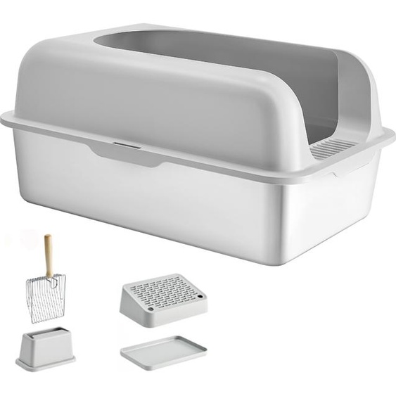 SucceBuy Bac à litière XL en acier inoxydable - profondeur 15 cm, sans odeur, avec pied filtre, pelle et parois hautes, facile à nettoyer, idéal pour les grands chats, capacité 30 l