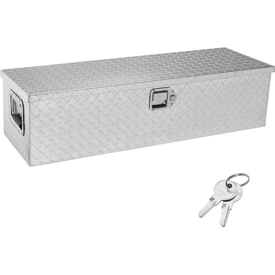 SucceBuy Boîte à outils robuste en aluminium pour le plateau de chargement, 99,1 x 33 x 25,4 cm, plaque en losange, avec poignée latérale et clés de serrure, pour pick-up, plateau de chargement, camping-car, remorque, argent