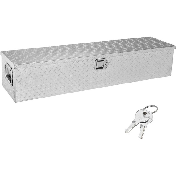 SucceBuy Caisse à outils robuste en aluminium, 121,9 x 38,1 x 38,1 cm, caisse de rangement avec plateau en diamant, poignée latérale et serrure pour pick-up, plateau de chargement, camping-car, remorque, argent