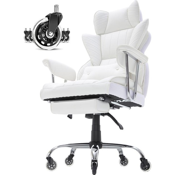 SucceBuy Chaise de bureau allongée avec repose-pieds, fauteuil de direction large et robuste en cuir PU, chaise de bureau grande et haute avec soutien lombaire, base métallique stable, roulettes silencieuses, blanc