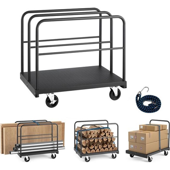 SucceBuy Chariot à panneaux, capacité de charge 816 kg, chariot de transport 2 en 1 avec roulettes pivotantes à 360°, chariot à panneaux avec 4 poignées latérales, aide au transport pour atelier, entrepôt et garage, noir 914x610x858 mm