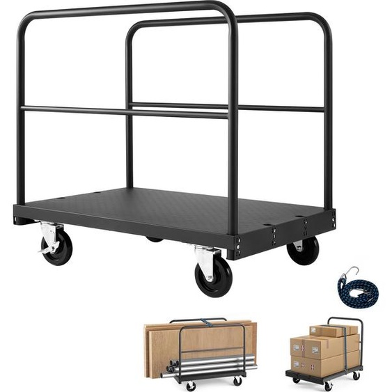 SucceBuy Chariot à plateaux avec capacité de charge de 816 kg, chariot polyvalent à roulettes 2 en 1 avec roues pivotantes à 360°, plate-forme de 914x610 mm et trois mains courantes latérales, idéal pour les usines, les entrepôts et les garages, Noir