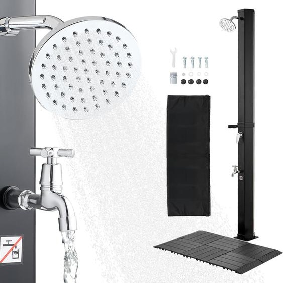 SucceBuy Douche solaire 35L, Douche de jardin 2160 mm avec plaque de sol & robinetterie à pied, Douche extérieure avec réglage de leau chaude et froide, Douche de camping pour jardin, piscine et plage, Noir