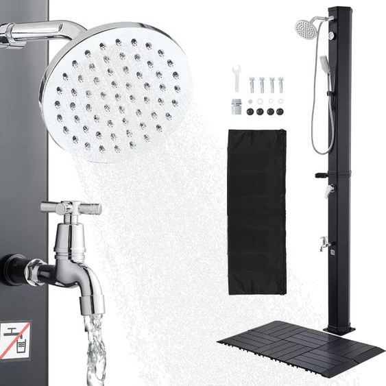 SucceBuy Douche solaire 40 L, Douche de jardin 2290 mm, Douche extérieure avec kit de montage au sol, robinetterie manuelle & à pied, réglage eau chaude & froide, Douche de camping pour jardin, piscine ou plage, noir
