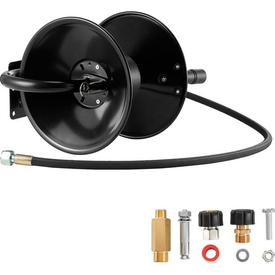 SucceBuy Enrouleur de tuyau haute pression avec tuyau de 15,2 m x 9,5 mm, support en acier, adapté au nettoyeur haute pression, options de montage polyvalentes pour le mur, le sol ou le camion, pression de 275 bars, manivelle manuelle pour les travaux de