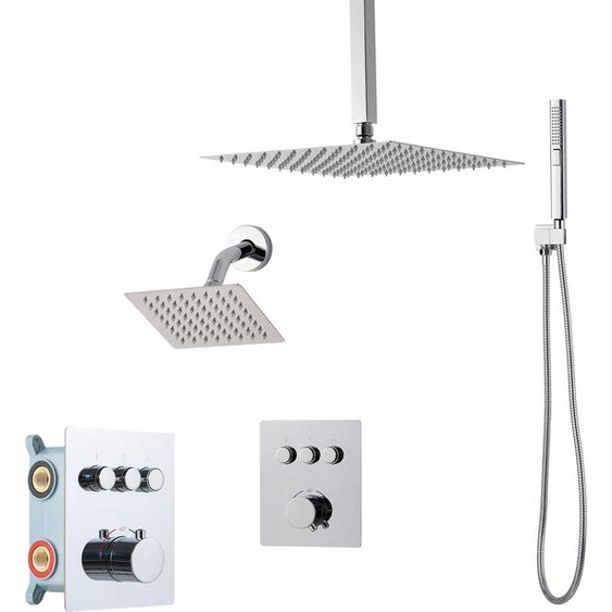 SucceBuy Ensemble de douche avec pomme de douche à effet pluie de 12 pouces, pomme de douche à montage mural de 6 pouces et douchette à main 2 en 1. Pomme de pluie double pivotante à trois fonctions, vanne en laiton et kit dhabillage, chrome,