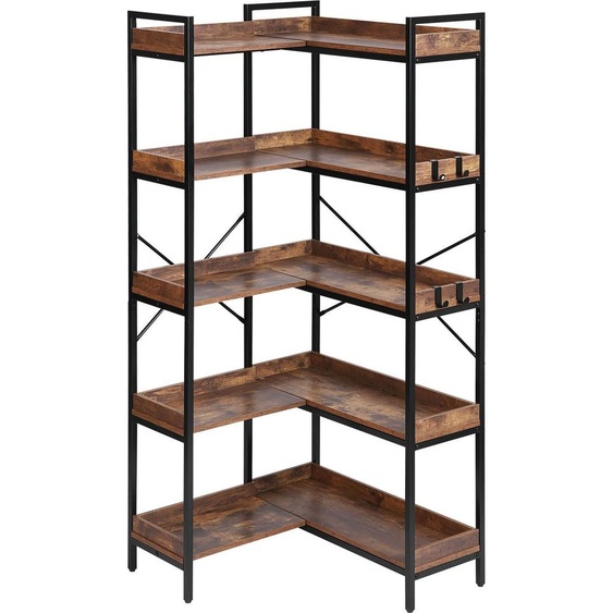 SucceBuy Étagère dangle avec 5 niveaux, support dangle stable avec 4 crochets, étagère avec cadre métallique et tablettes en bois, étagère sur pied pour chambre à coucher, salon et bureau en marron