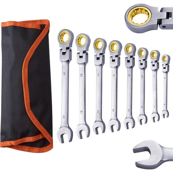 SucceBuy Jeu de 8 clés à cliquet à tête flexible, clés plates en acier Cr-V avec étui à roulettes, métrique 8 mm à 17 mm, cliquet flexible, idéal pour les réparations automobiles et lusage domestique