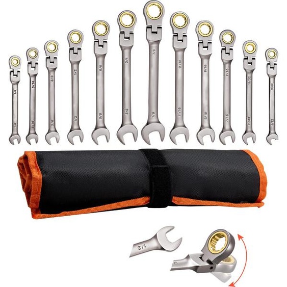 SucceBuy Jeu de clés à cliquet à tête flexible 12 pièces SAE 72 dents, jeu doutils en acier Cr-V avec sac de rangement pratique, clés à fourche pour les réparations domestiques et automobiles Nickel gris