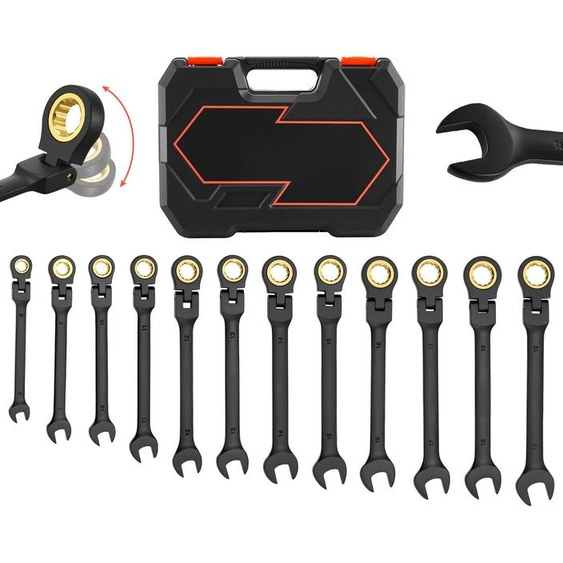 SucceBuy Jeu de clés à cliquet à tête flexible 24 pièces, métriques et SAE, 72 dents, en acier au chrome-vanadium avec coffret de rangement pratique, idéal pour les réparations domestiques et automobiles