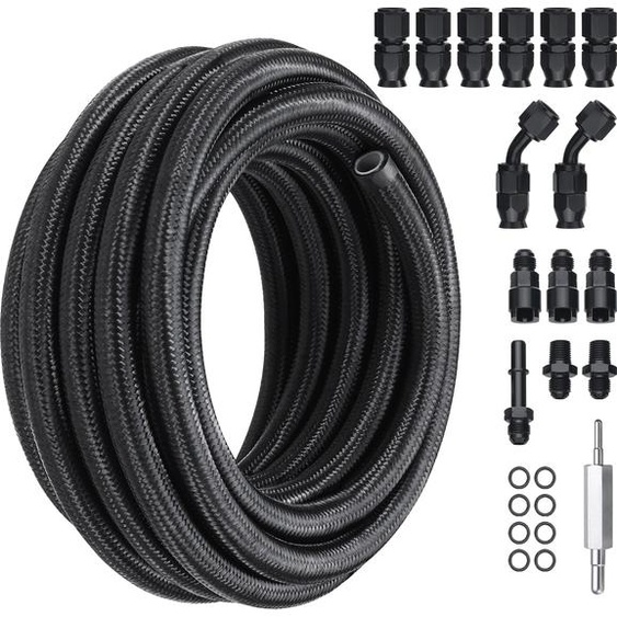 SucceBuy Kit de conduite de carburant 6AN, 25 pieds de tuyau PTFE avec tresse en acier inoxydable, 5/16 pouces E85/huile/gaz/diesel avec kit dadaptateur rotatif de 15 pièces, noir