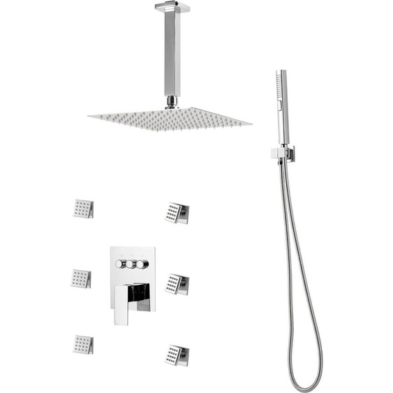 SucceBuy Kit de douche avec pomme de douche pluie 10 pouces, 6 jets pour le corps et douchette 2 en 1, pomme de pluie pivotante 3 fonctions, valve en laiton et kit dhabillage, design chromé pour salle de bains