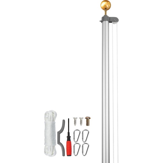 SucceBuy Kit de mât de drapeau amovible de 25ft, Kit de mât de drapeau robuste en alliage daluminium pour lextrieur, 3 modes avec accessoires experts, drapeau allemand, argent