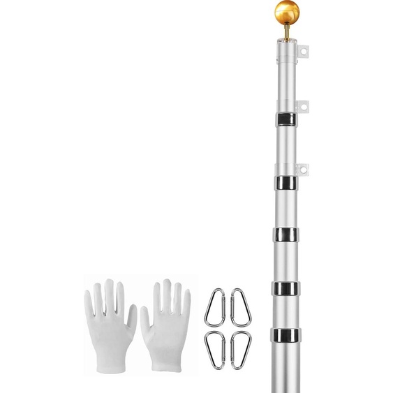 SucceBuy Kit de mât de drapeau télescopique de 30ft, kit de mât de drapeau durable en alliage daluminium pour lextérieur, 3 modes avec accessoires professionnels, drapeau allemand, argenté