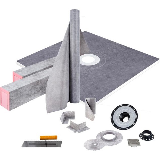 SucceBuy Kit de seuil de douche, 48 x 48 pouces support étanche, avec grille en acier inoxydable 4 pouces, bride centrale adhésive en ABS 4 pouces, seuil de douche découpable