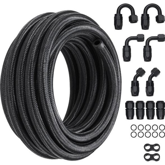 SucceBuy Kit de tuyauterie de carburant 6AN, 20 pieds de tuyau tressé en nylon et acier inoxydable, kit de connexion huile/gaz/diesel de 0,34 pouce avec 12 adaptateurs pivotants, noir