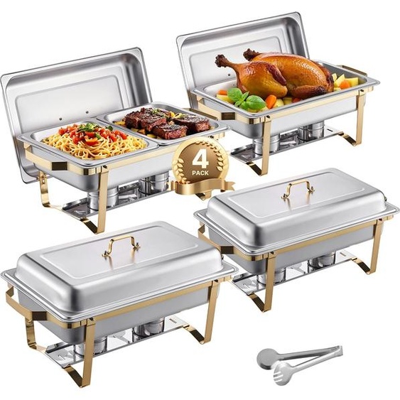 SucceBuy Lot de 4 buffet à réchaud de 8 Qt, chafer en acier inoxydable avec 2 poêles pleine taille et 4 demi-taille, serveur chauffant pour restauration