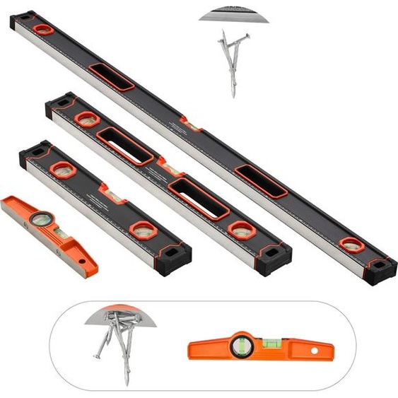 SucceBuy - Lot de 4 niveaux à bulle de type « torpille » : niveaux à bulle de 120/60/40/25 cm, règle à niveau pour angles de 45/90/180 degrés, outils de mesure en alliage daluminium (seul le modèle 10 pouces est équipé dun aimant)