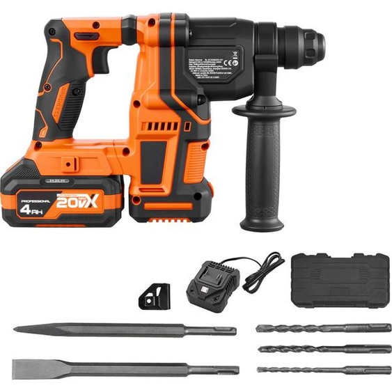 SucceBuy Marteau perforateur sans fil 13/16 pouces SDS-Plus, 20 V, sans balais avec chargeur, 3 forets, burin plat et burin pointu et coffret de transport, convient pour le béton et la maçonnerie, noir-orange