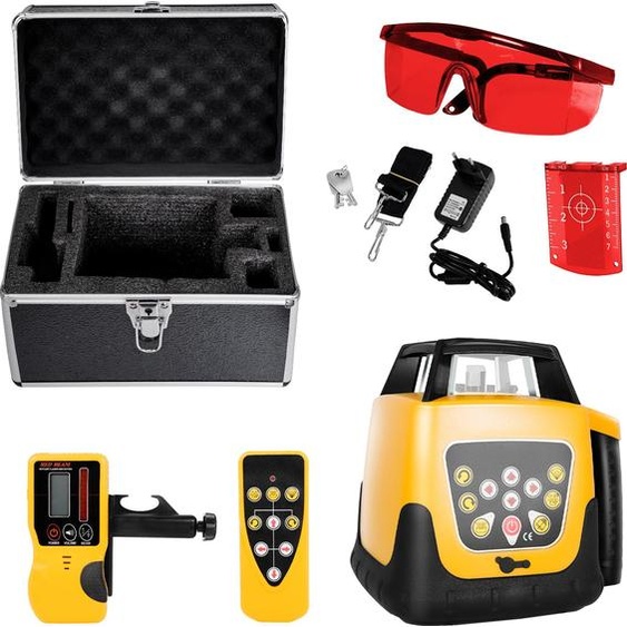 SucceBuy Niveau laser rotatif à faisceau rouge, portée de 300 m, inclinaison réglable, rotation de 360°, fonction dauto-nivellement, angle de balayage variable, télécommande, récepteur et sac de transport inclus